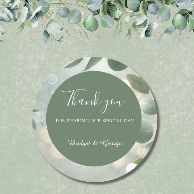 Romantic Sage Green Eucalyptus Wedding Classic Round Sticker (Creator Uploaded)