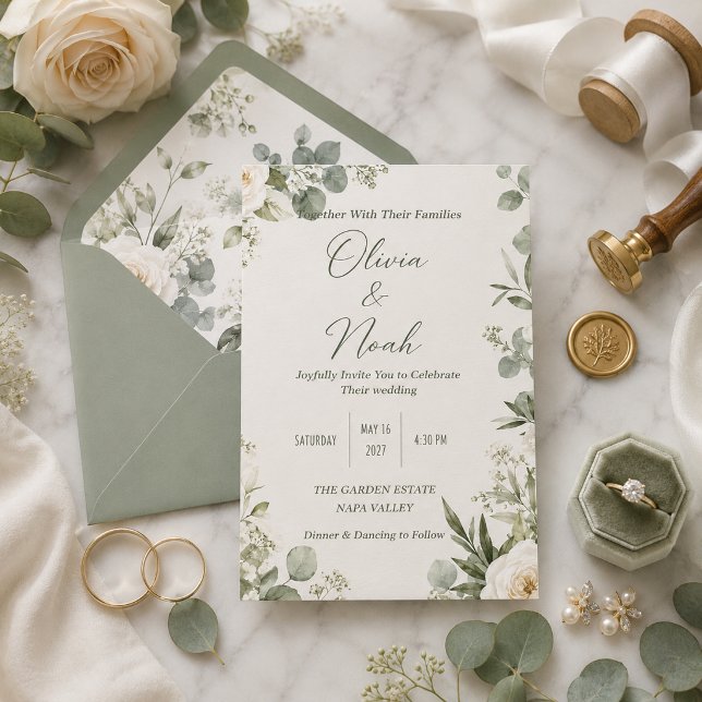 Romantic Sage Green Floral Wedding Invitation  (Creator Uploaded)