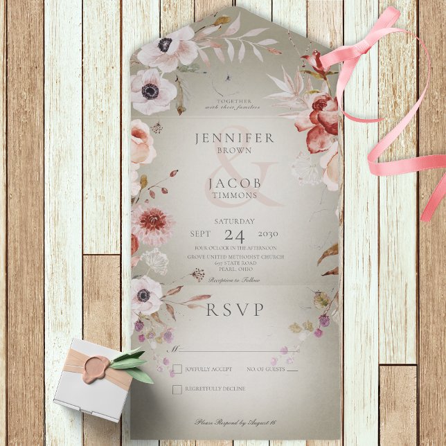 Romantic Sage Green & Pink Floral No Dinner All In One Invitation (Creator Uploaded)