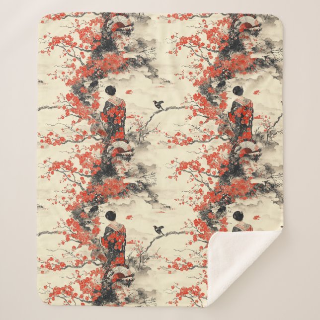 Romantic Sakura Kimono Couple Pattern (2) Sherpa Blanket (Front)