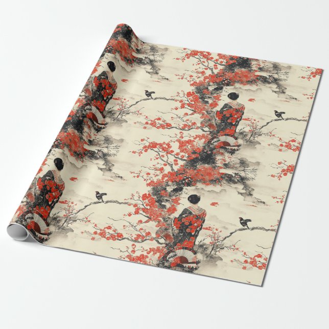 Romantic Sakura Kimono Couple Pattern (2) Wrapping Paper (Unrolled)