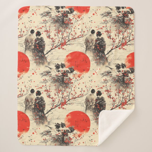 Romantic Sakura Kimono Couple Pattern (3) Sherpa Blanket (Front)