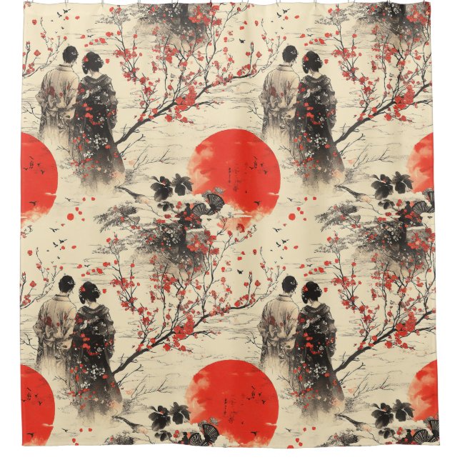 Romantic Sakura Kimono Couple Pattern (3) Shower Curtain (Front)