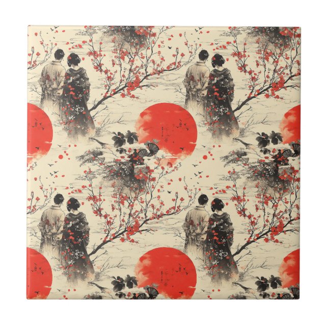 Romantic Sakura Kimono Couple Pattern (3) Tile (Front)