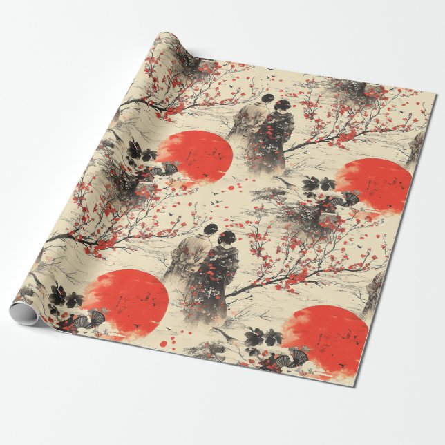 Romantic Sakura Kimono Couple Pattern (3) Wrapping Paper (Unrolled)