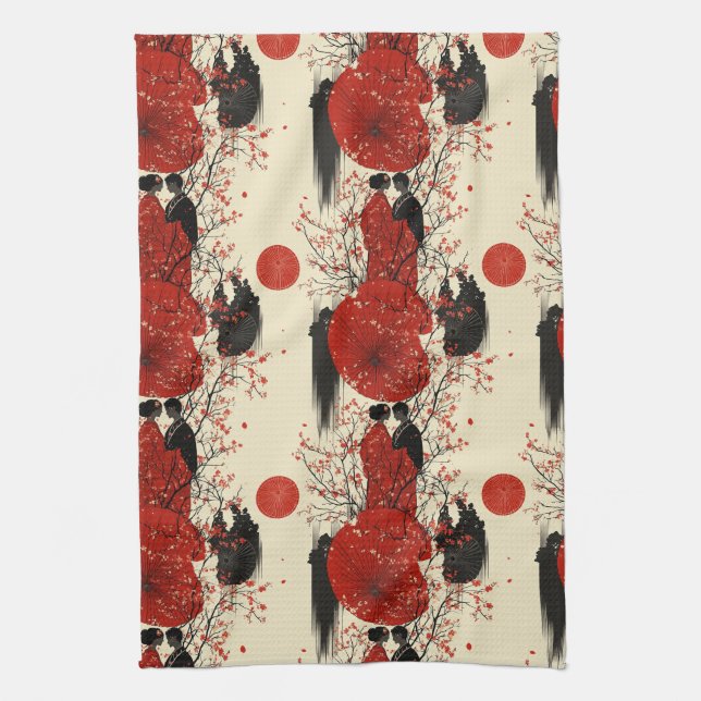 Romantic Sakura Kimono Couple Pattern (4) Tea Towel (Vertical)