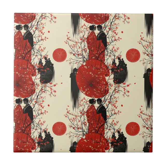 Romantic Sakura Kimono Couple Pattern (4) Tile (Front)
