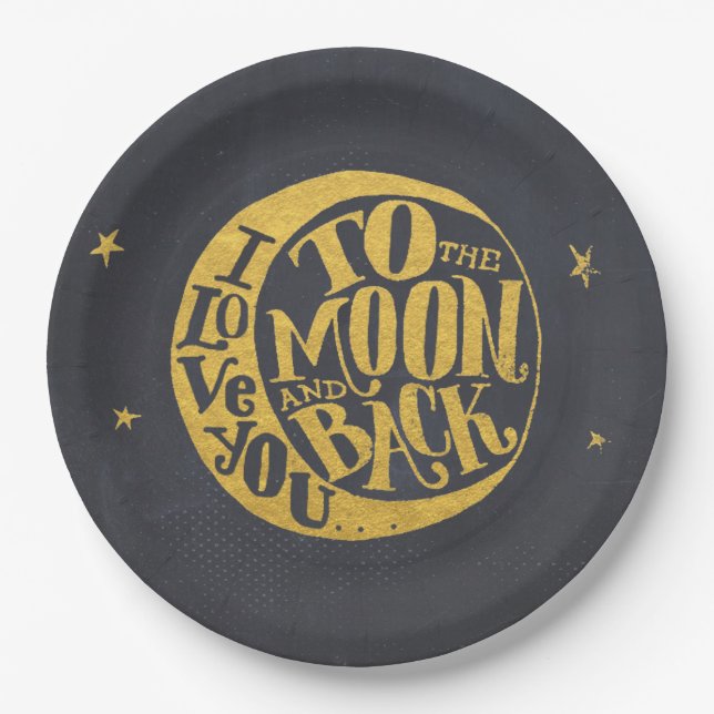 Romantic Saying With Moon | Gold Black Background Paper Plate (Front)