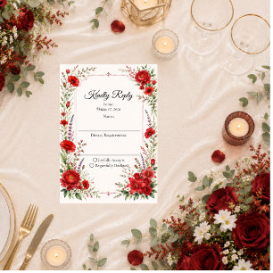 Romantic Scarlet Floral Elegance Wedding RSVP Card