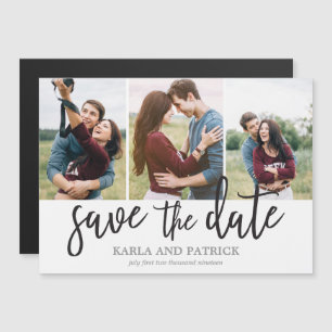 Romantic Script 3 Photo Collage Save The Date Magnetic Invitation