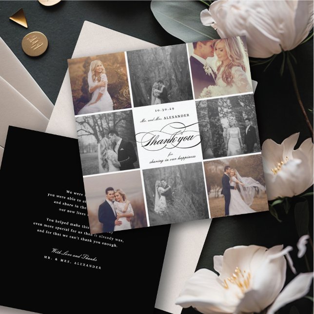 Romantic Script 8-Photo Elegant Wedding Design Thank You Card (Romantic Classic Script 8 Multi Photo Collage Chic Wedding Thank You Card @ fatfatin_blue_knot)