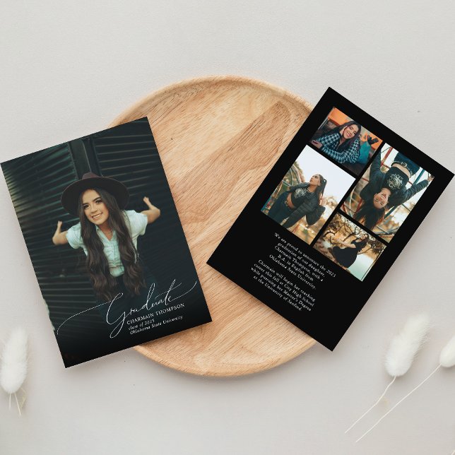 Romantic Script Black Photo Collage Graduation Announcement (Creator Uploaded)