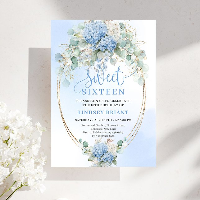 Romantic Script Blue Floral Eucalyptus Sweet 16  Invitation (Romantic Script Blue Floral Eucalyptus Sweet 16 Invite)