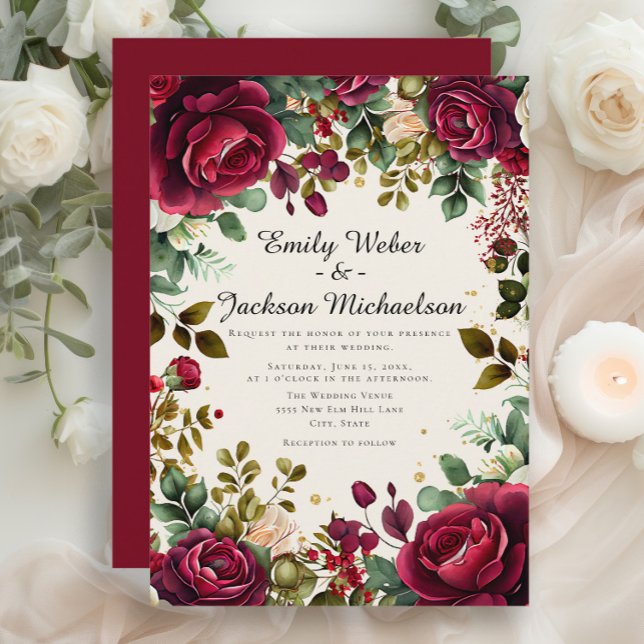 Romantic Script Burgundy Floral  Wedding Invitation (Burgundy / red roses and greenery wedding invitation)