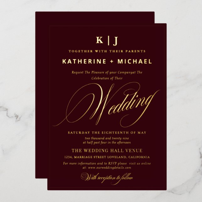 Romantic Script Calligraphy Monogram Gold Wedding (Front/Back)