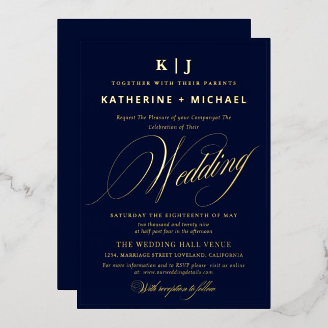 Romantic Script Calligraphy Monogram Gold Wedding (Front/Back)