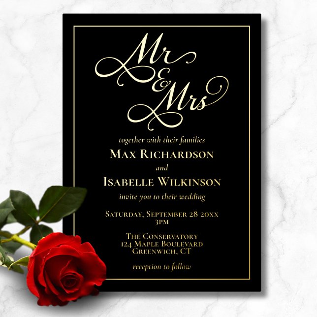 Romantic Script Calligraphy Wedding Gold (Elegant black minimalist gold foil wedding invitation, Mr and Mrs, script calligraphy typography)