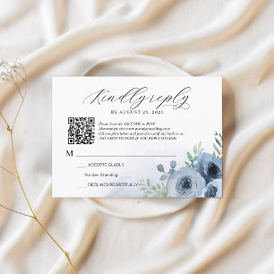 Romantic Script Dusty Blue Floral QR Code Wedding RSVP Card