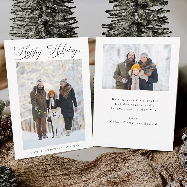 Romantic Script Happy Holidays Christmas 2 Photo Holiday Card (Front & Back)