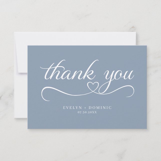 Romantic Script Heart Dusty Blue Wedding Thank You Card (Front)