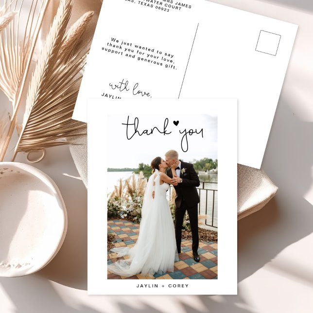 Romantic Script Heart Wedding Photo Thank You Post Postcard (Creator Uploaded)