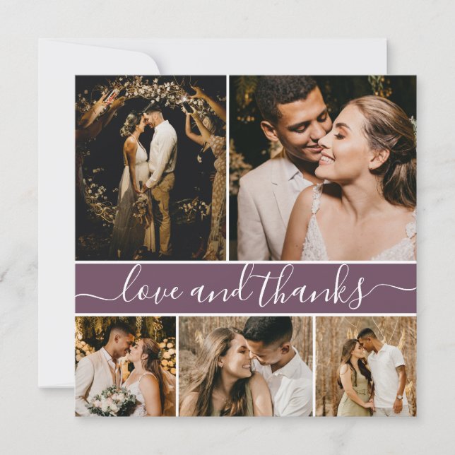 Romantic Script Mauve 5 Photo Collage Wedding Thank You Card (Front)