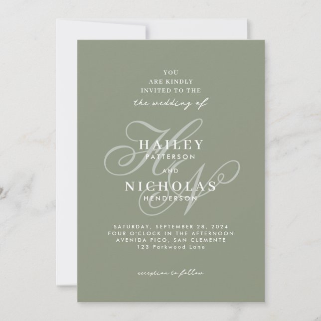 Romantic Script Monogram Sage Green Wedding Invitation (Front)