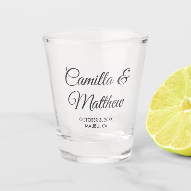 Romantic Script Personalised Wedding Shot Glasses (Front)