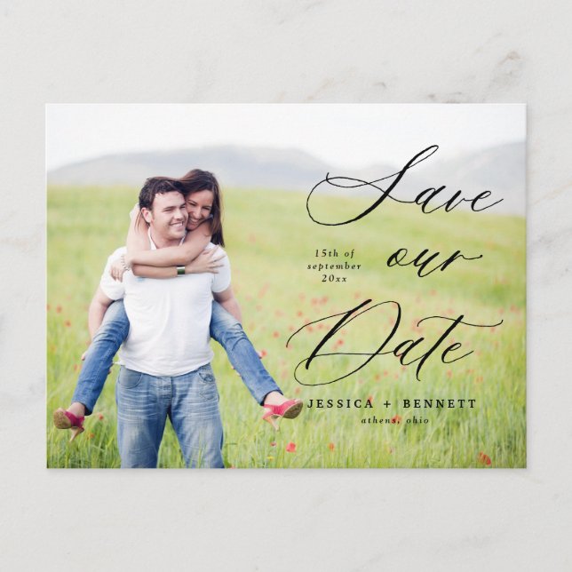 Romantic Script Photo Save the Date Postcard (Front)