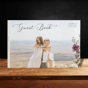 Romantic Script Photo & Wildflowers Ivory Wedding  Guest Book