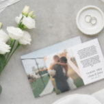 Romantic Script Printed Message Wedding Thank You<br><div class="desc">Romantic wedding thank you card printed with two of your wedding photos,  a smaller one on one side and a larger on the other side. Thank you and your wedding date written in a neat font with your names in a romantic script with a printed thank you text above.</div>