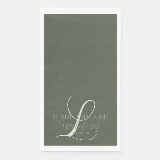 Romantic Script Sage Green Initial Wedding  Napkin (Front)