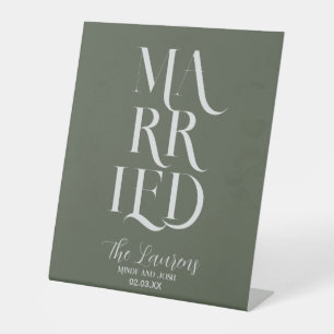 Romantic Script Sage GREEN Married Wedding Pedestal Sign