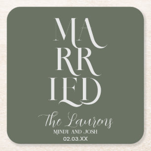 Romantic Script Sage GREEN Married Wedding   Square Paper Coaster