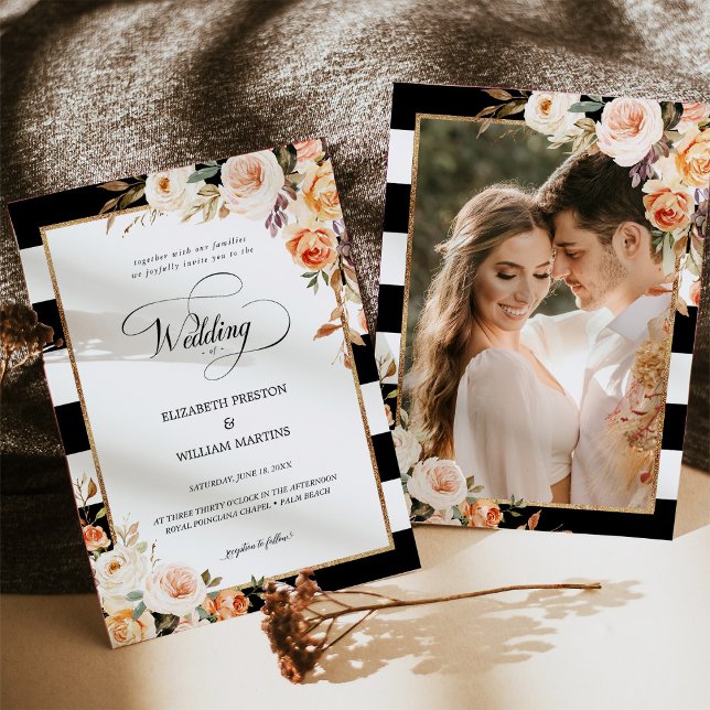 Romantic Script Terracotta Floral Photo Wedding Invitation (Creator Uploaded)
