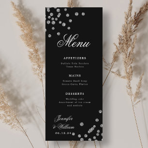 Romantic Script Wedding Confetti Silver Black Menu