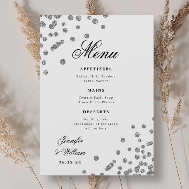 Romantic Script Wedding Confetti Silver  Menu (Romantic Script Wedding Confetti Silver Menu)