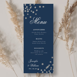 Romantic Script Wedding Confetti Silver Navy Menu