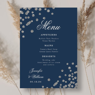 Romantic Script Wedding Confetti Silver Navy  Menu