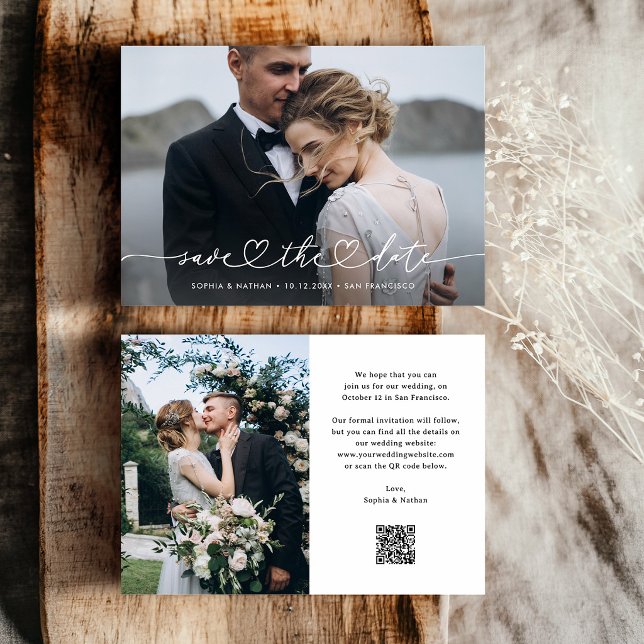Romantic Script with Heart and Photos and QR Code Save The Date (Creator Uploaded)