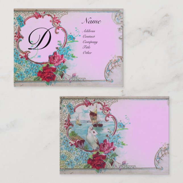 ROMANTIC SEA SCENE WITH DOVE AND ROSES MONOGRAM BUSINESS CARD (Front/Back)