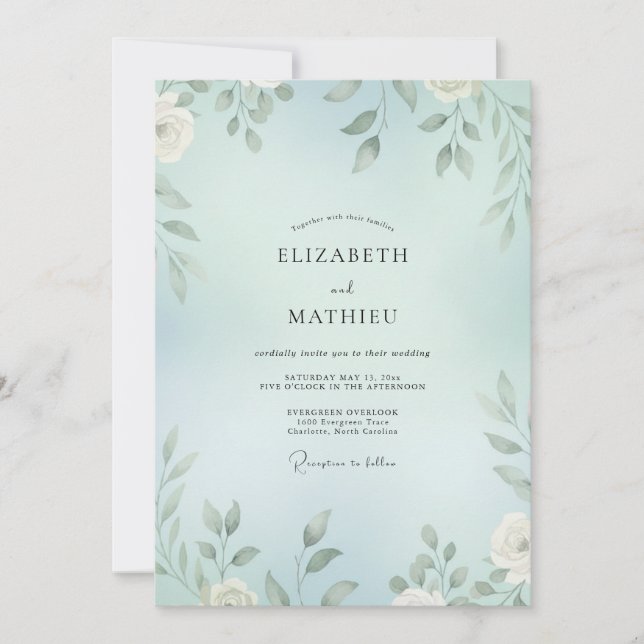 Romantic Seafoam Painted Foliage Wedding Invitation (Front)