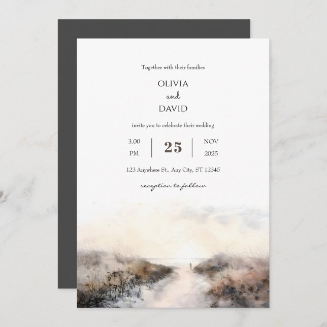 Romantic Seaside Sandy Path Sunset Beach Wedding Invitation (Front/Back)