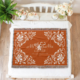 Romantic Shabby Chic Burnt Orange Mr & Mrs Floral  Throw Blanket