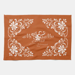 Romantic Shabby Chic Burnt Orange Mr Mrs Newlywed Tea Towel