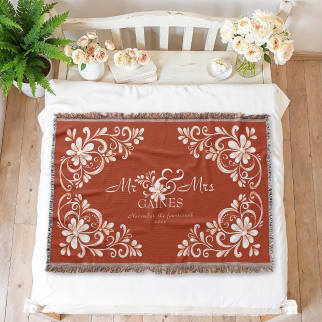 Romantic Shabby Chic Red Rust Mr & Mrs Floral  Throw Blanket (Creator Uploaded)