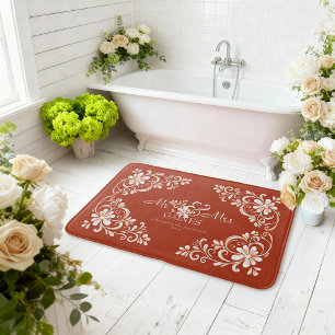 Romantic Shabby Chic Red Rust Mr Mrs Newlywed Bath Mat