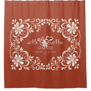 Romantic Shabby Chic Red Rust Mr & Mrs Wedding Shower Curtain
