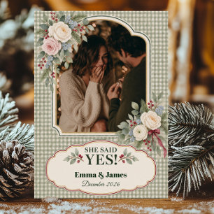 Romantic She Said Yes Christmas Engagement Photo Holiday Card