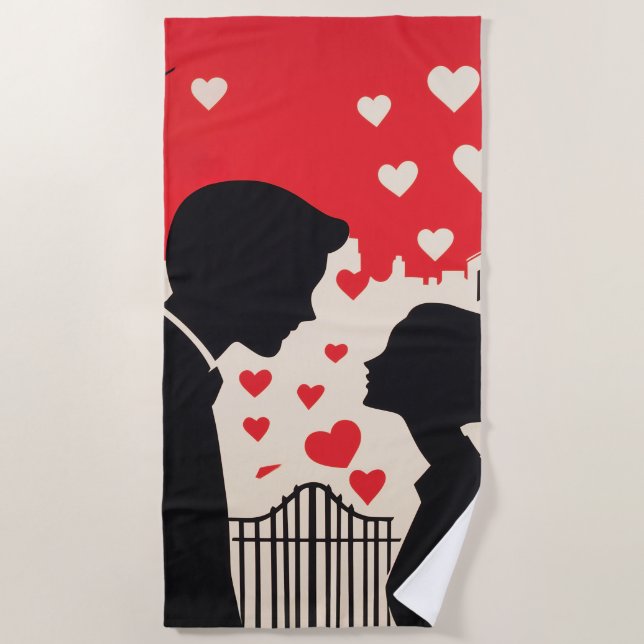 Romantic Silhouette Couple Cityscape Hearts Beach Towel (Front)